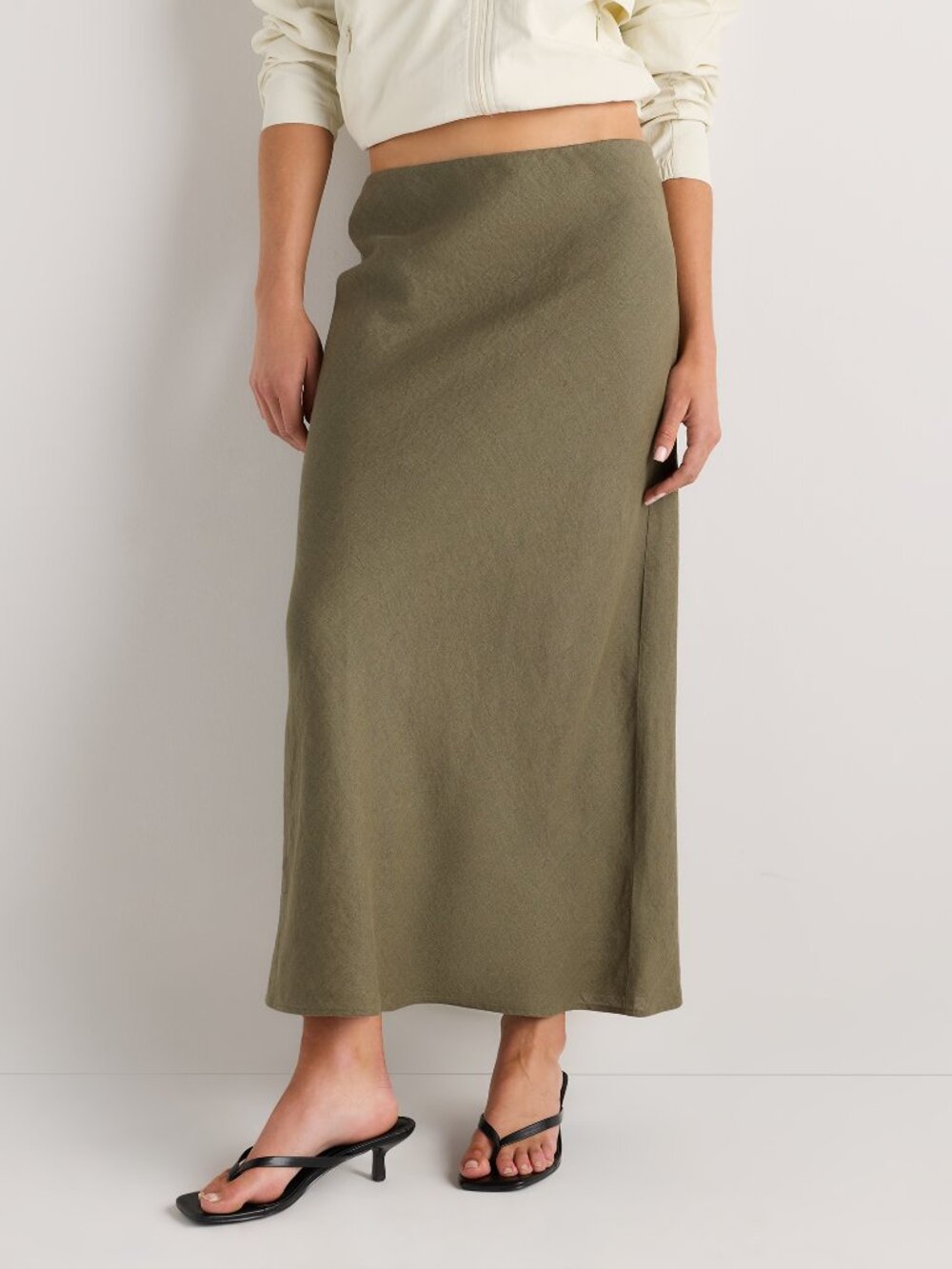 Quince 100% European Linen Midi Slip Skirt in Bayberry Olive